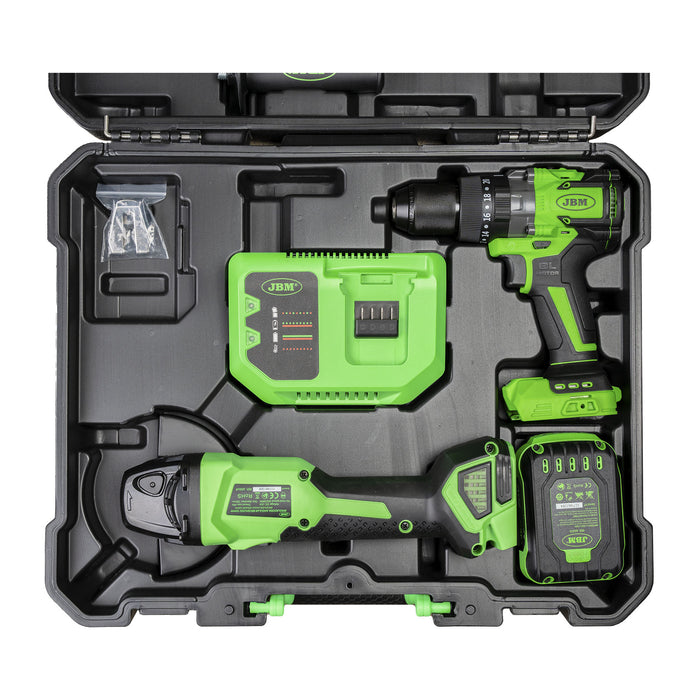 KIT DE AMOLADORA ÁNGULAR Y TALADRO PERCUTOR A BATERÍA CON MALETÍN