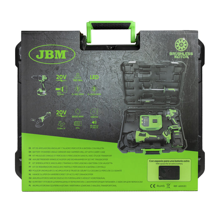KIT DE AMOLADORA ÁNGULAR Y TALADRO PERCUTOR A BATERÍA CON MALETÍN