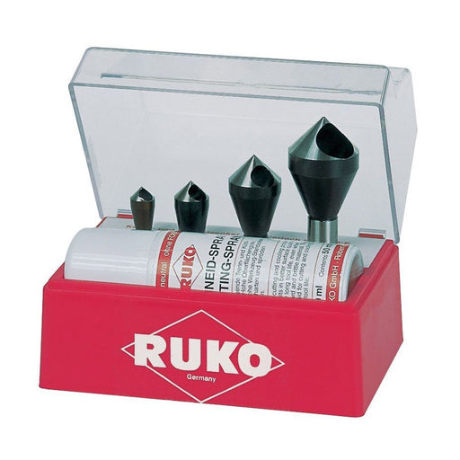 Ruko Juego de 4 avellanadores-desbarbadores HSS-Co 5 + spray de corte 50 ml