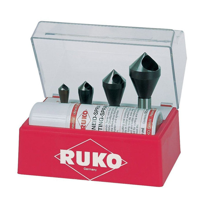 Ruko Juego de 4 avellanadores-desbarbadores HSS-Co 5 + spray de corte 50 ml