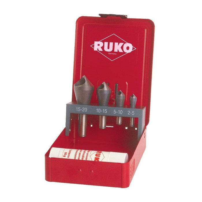 Ruko Juego de 4 avellanadores-desbarbadores HSS-Co 5 + pasta de corte 30 g.