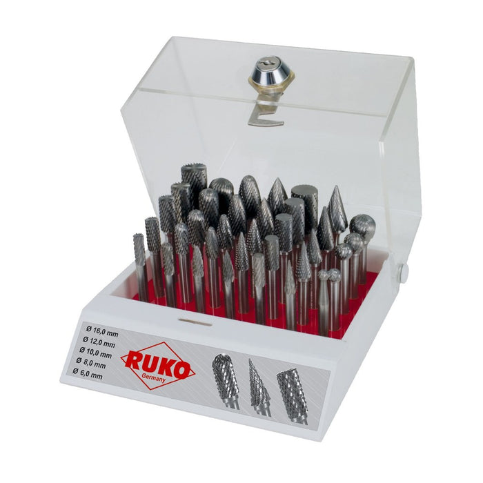 Ruko Juego de 35 fresas de metal duro con vástago de 6 mm en vitrina de plástico