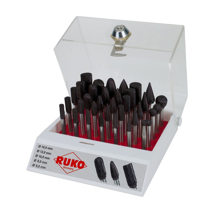 Ruko Surtido de 35 fresas de metal duro TiCN con vástago de 6 mm en vitrina de plástico