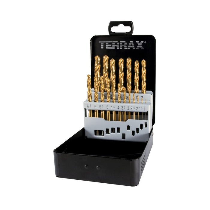 Terrax Juego de 19 brocas DIN 338 Tipo N HSS-TiN rectificadas (estuche plástico)