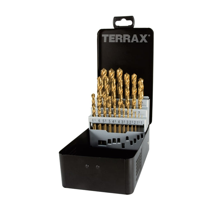 Terrax Juego de 25 brocas DIN 338 Tipo N HSS-TiN rectificadas