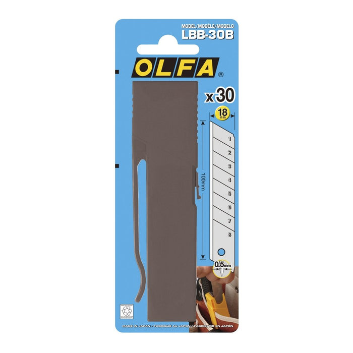 Olfa Pack de 30 cuchillas troceables negras Excel Black de 18 mm en caja de plástico con clip