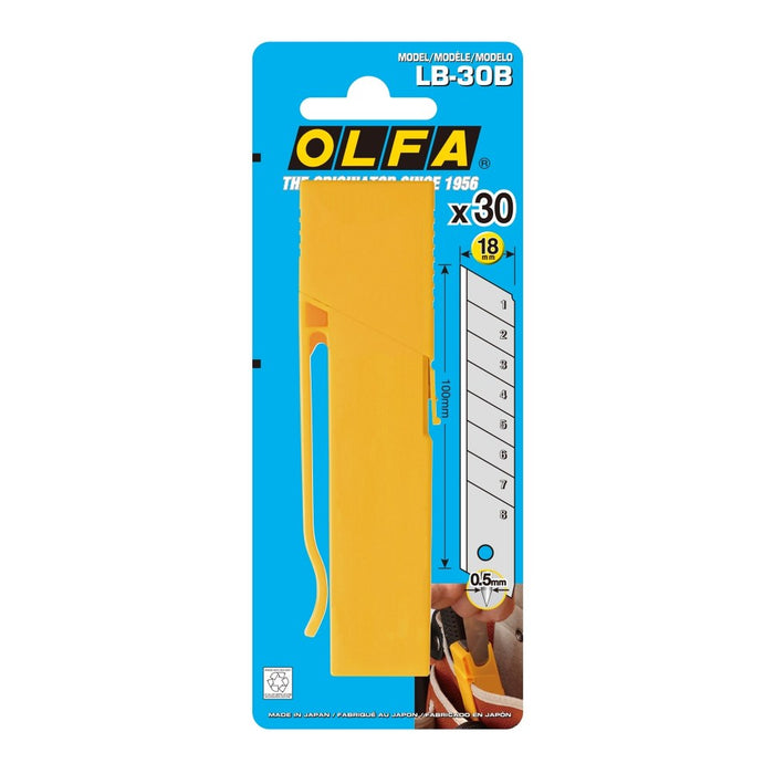 Olfa Pack de 30 cuchillas troceables plateadas de 18 mm en caja de plástico con clip