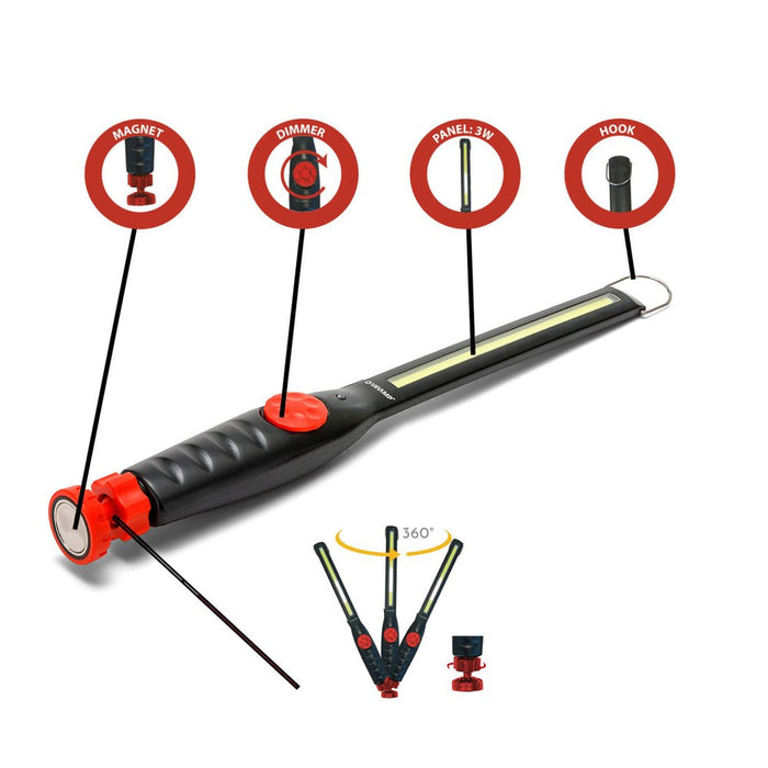 Velamp Luz de trabajo recargable delgada LED COB de 3 W con base magnética giratoria BLACKMAN