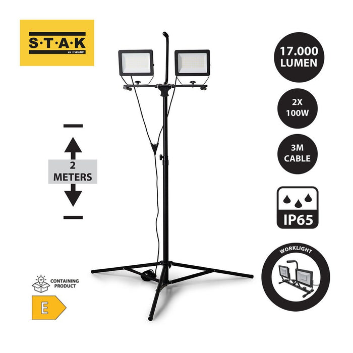 STAK 2 Focos LED sobre Trípode, 2 x 100W, 17.000 Lumen Cable 3m, IP65 MINOS