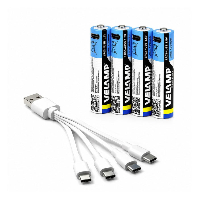 Velamp Pack de 4 pilas AAA litio recargables USB-C 400mAh
