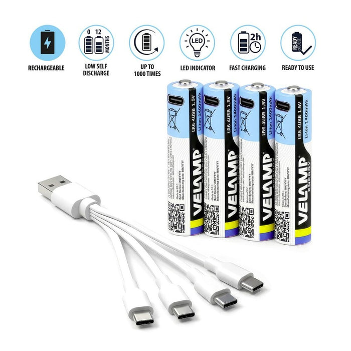Velamp Pack de 4 pilas AA litio recargables USB-C 1400 mAh