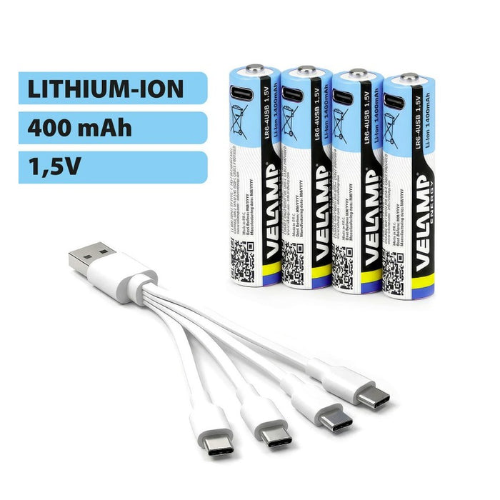 Velamp Pack de 4 pilas AA litio recargables USB-C 1400 mAh