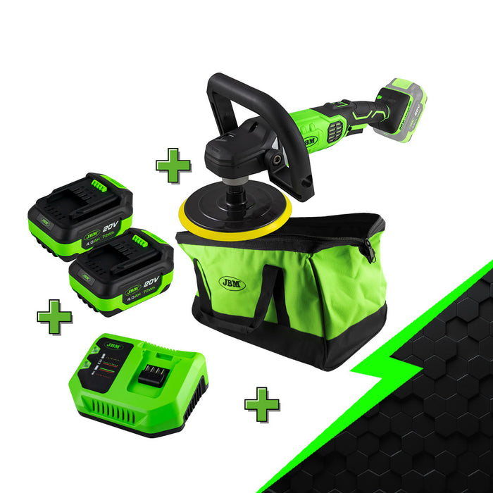PULIDORA A BATERÍA + 2 BATERIAS 4AH + CARGADOR 20V + BOLSA DE HERRAMIENTAS