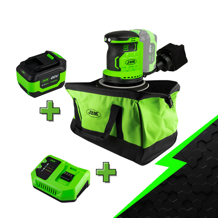 LIJADORA ORBITAL A BATERÍA + BATERIA 6AH + CARGADOR 20V + BOLSA DE HERRAMIENTAS