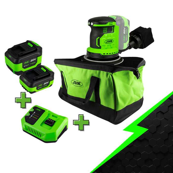 LIJADORA ORBITAL A BATERÍA + BATERIA 4AH + BATERIA 6AH + CARGADOR 20V + BOLSA DE HERRAMIENTAS