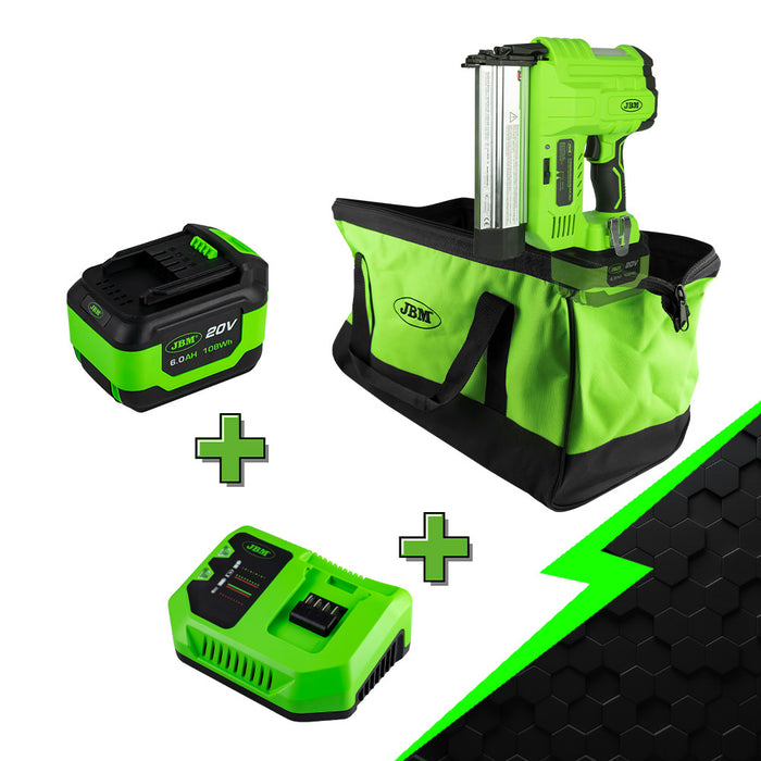 PROMO  CLAVADORA A BATERÍA + BATERIA 6 AH + CARGADOR 20V + BOLSA DE TRANSPORTE