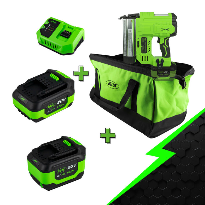PROMO CLAVADORA A BATERÍA + BATERIA 4AH + BATERIA 6AH + CARGADOR 20V + BOLSA DE TRANSPORTE