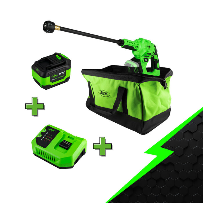 PROMO  HIDROLIMPIADORA A PRESIÓN A BATERÍA + BATERIA 6AH + CARGADOR 20V0 + BOLSA DE TRANSPORTE