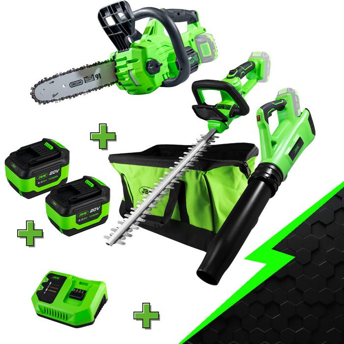 ESPECIAL KIT JARDÍN CORTASETOS + MOTOSIERRA + SOPLADOR + 2 BATERÍA 6AH + CARGADOR 20V