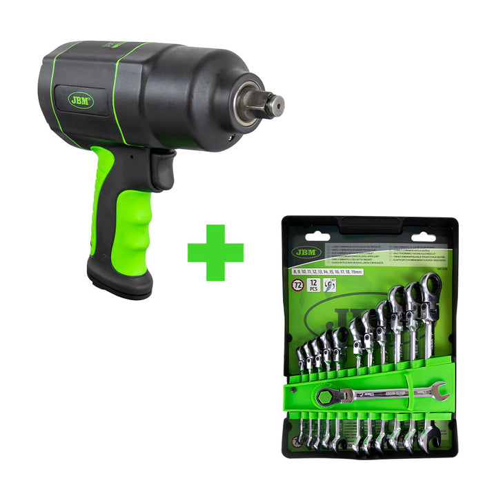 SERIE375: X10 SET DE 12 LLAVES COMBINADAS 51318 + X10 PISTOLA DE IMPACTO 1/2" 1200NM 53608