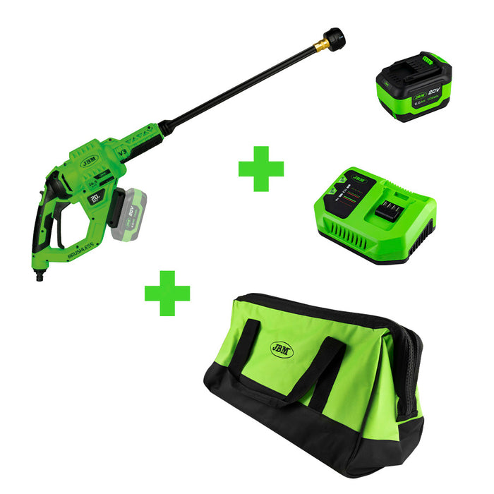 PROMO HIDROLIMPIADORA A PRESIÓN A BATERÍA + BATERIA 6AH + CARGADOR 20V + BOLSA DE HERRAMIENTAS + CARRETE DE MANGUERA 15M