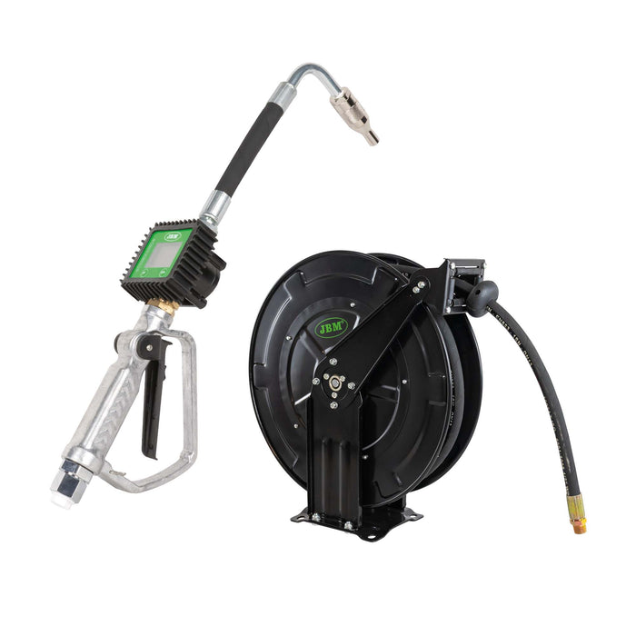 PROMO SET  CARRETE DE MANGUERA PARA ACEITE BOCA DE 1/2" + PISTOLA DE BOMBEO PARA ACEITE CON CAUDALÍMETRO DIGITAL