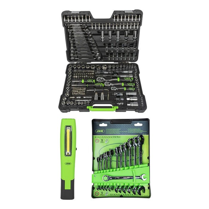MALETÍN DE HERRAMIENTAS DE 216 PIEZAS  + SET DE 12 LLAVES COMBINADAS CON TRINQUETE + PORTATIL DE TALLER