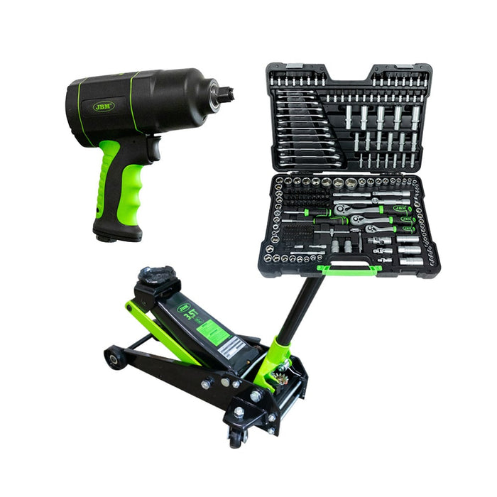 53608 1/2" IMPACT WRENCH 1200NM + 50818 3.5T HYDRAULIC JACK + 54034 216-PIECE TOOL SET
