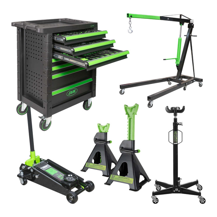 53904 GREEN TROLLEY + 50831 2T CRANE + 50818 3.5T HYDRAULIC JACK + 53779 3T JACK STANDS + 54001 TRANSMISSION JACK