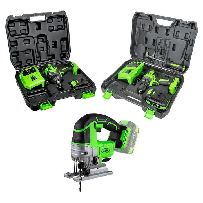 TALADRO PERCUTOR 2 VELOCIDADES + PISTOLA DE IMPACTO 1/2" + SIERRA DE CALAR