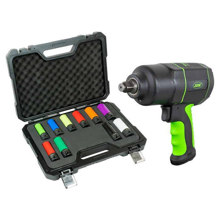 PISTOLA DE IMPACTO 1/2" 1200NM + KIT DE 10 VASOS IMPACTO DE 1/2"