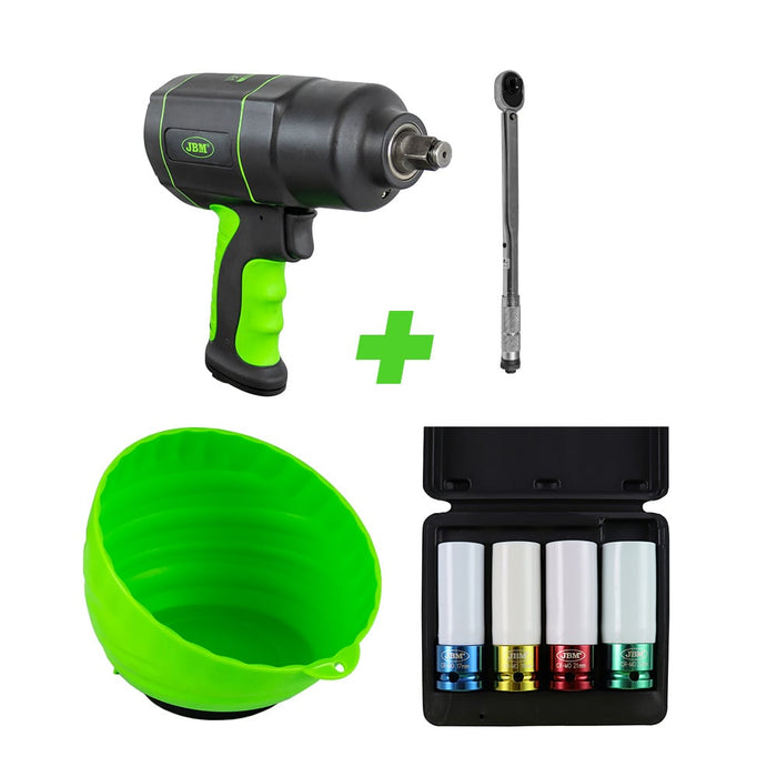 PISTOLA DE IMPACTO 1/2" +  LLAVE DINAMOMÉTRICA + SET DE 4 VASOS +  RECIPIENTE
