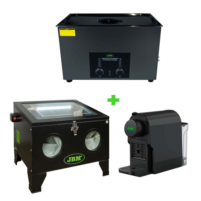 LIMPIADOR DE PIEZAS ULTRASÓNICO 30L + MÁQUINA CHORREADORA DE ARENA 90L + CAFETERA DE CÁPSULAS