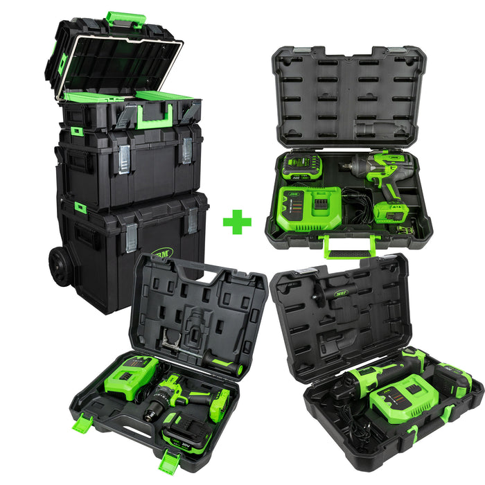 CARRO MODULAR APILABLE + AMOLADORA ANGULAR + TALADRO PERCUTOR + PISTOLA DE IMPACTO CON MALETÍN