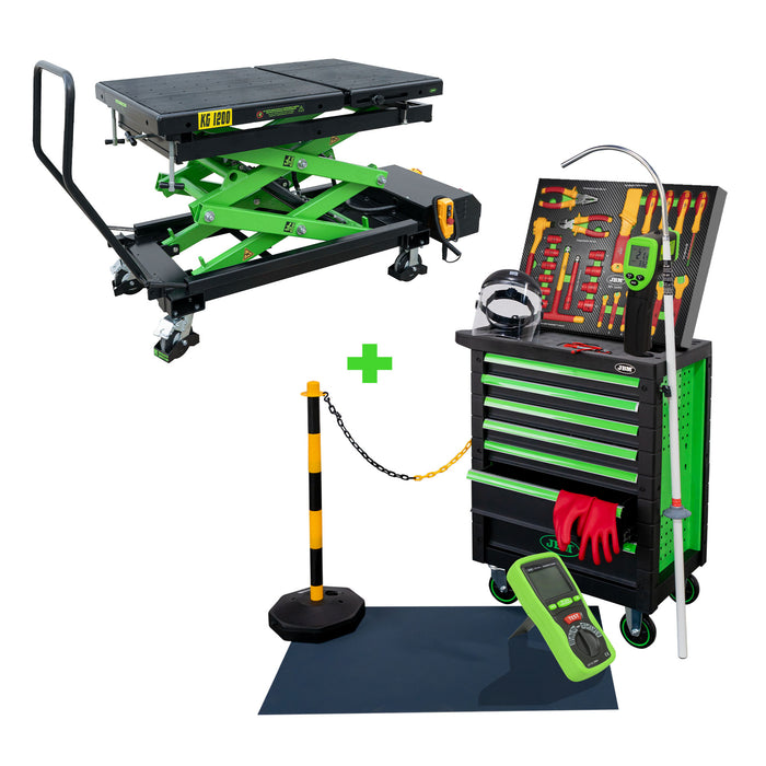 CARRO DE HERRAMIENTAS 7 CAJONES VERDE ESPECIAL VDE + MESA HIDRÁULICA PARA BATERÍAS