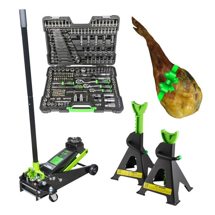 54045 MALETÍN DE HERRAMIENTAS DE 216 PIEZAS + 50818 GATO HIDRÁULICO CARRETILLA 3.5T + 53779