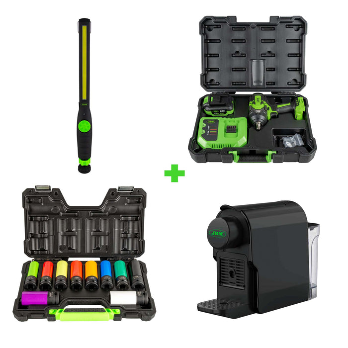KIT DE 10 VASOS IMPACTO DE 1/2 + PISTOLA DE IMPACTO A BATERÍA + PORTÁTIL DE TALLER COB + CAFETERA