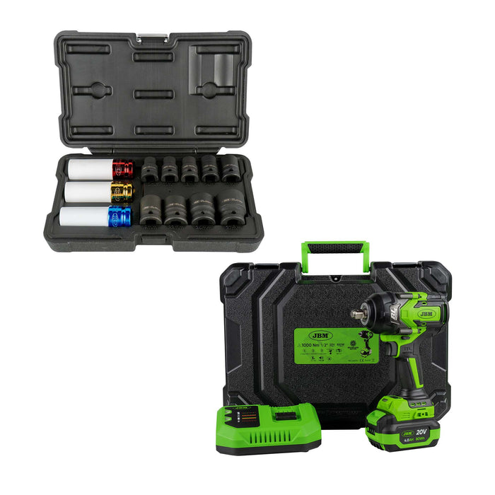 PISTOLA DE IMPACTO BRUSHLESS A BATERÍA 1/2" 1000NM CON MALETÍN + SET DE 12 VASOS
