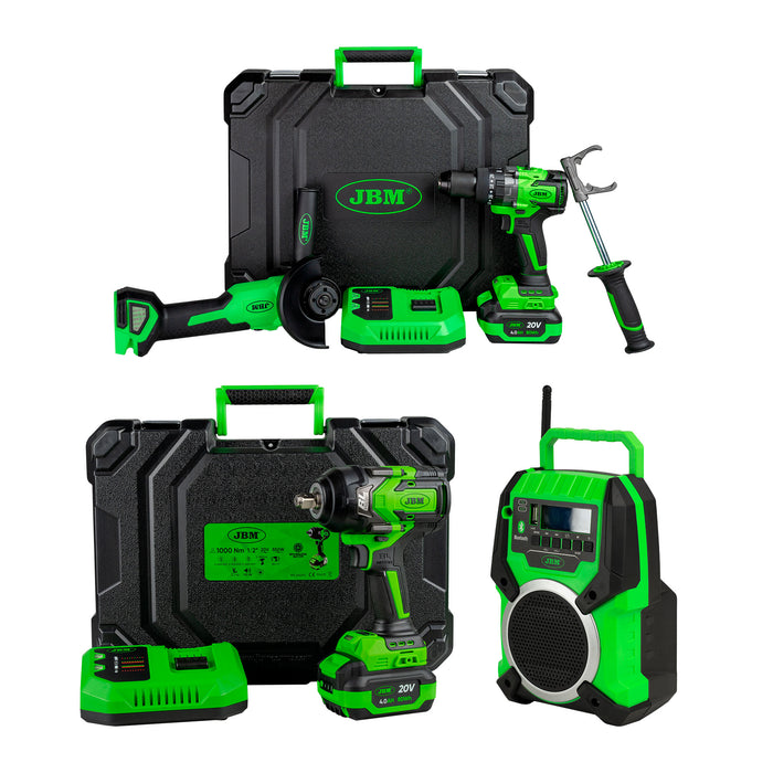KIT DE AMOLADORA ÁNGULAR Y TALADRO +  PISTOLA DE IMPACTO +  RADIO