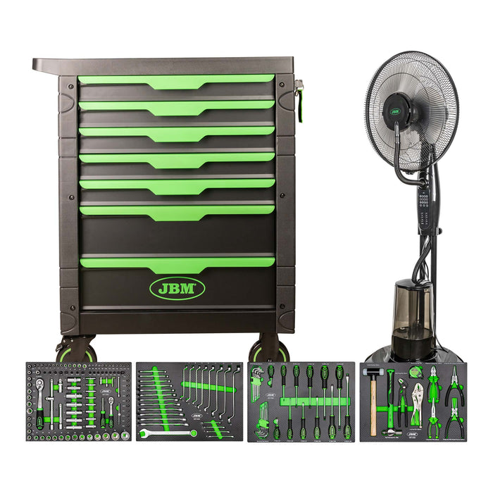 54389 CARRO DE HERRAMIENTAS 7 CAJONES VERDE + 54125 VENTILADOR NEBULIZADOR DE AGUA 75W