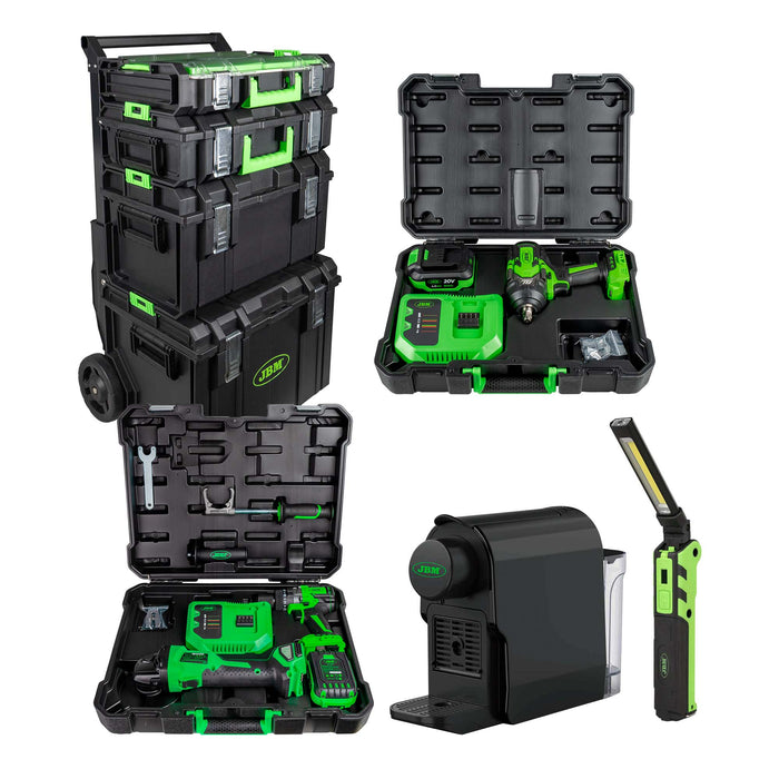 CARRO MODULAR + PISTOLA DE IMPACTO 1/2" 1000NM + AMOLADORA ÁNGULAR Y TALADRO + MINI LÁMPARA LED