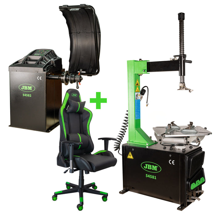 DESMONTADORA DE NEUMÁTICOS SEMIAUTOMÁTICA +  EQUILIBRADORA DE RUEDAS DIGITAL + SILLA GIRATORIA JBM